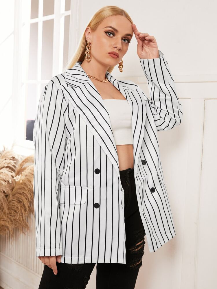 Plus Striped Double Breasted Blazer | SHEIN