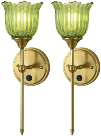 Modern Wall Sconces Set of 2 with Green Flower Glass Shade, Mid Century Bathroom Vanity Wall Ligh... | Amazon (US)