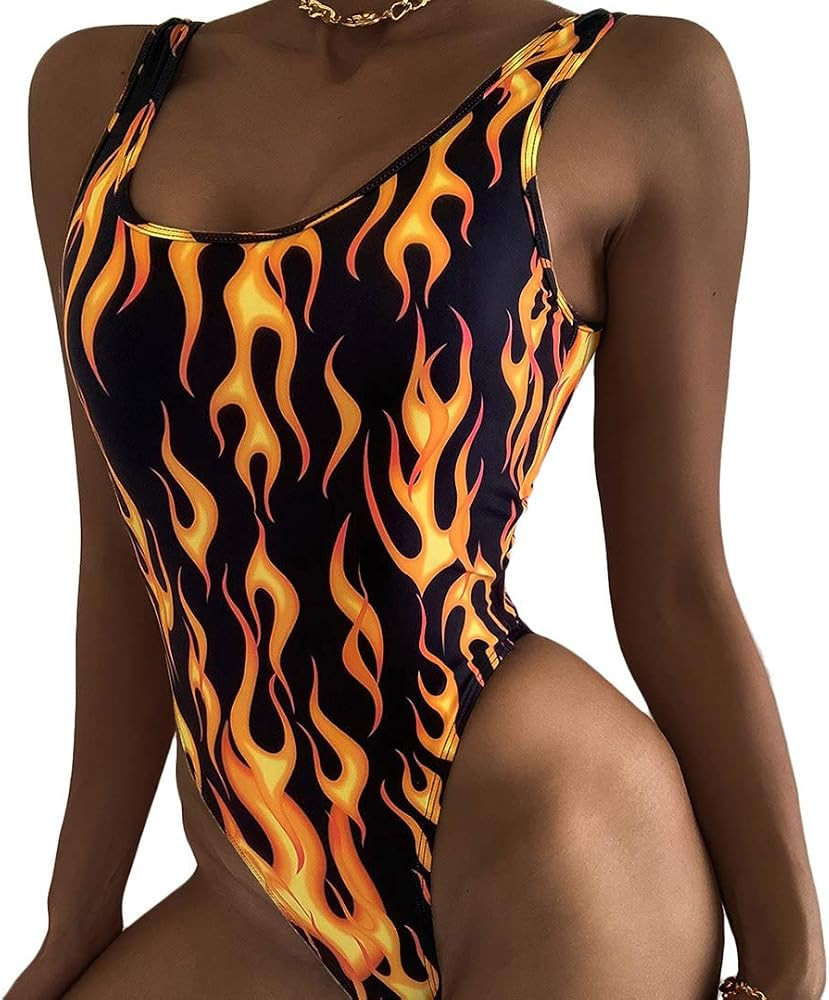 Womens One Piece Flame Print High Cut Bodysuit Swimsuit Bikini Swimwear Bathing Suit Rave Costume | Amazon (US)