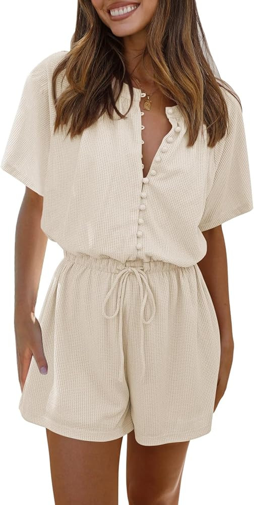 Fixmatti Women Summer Rompers Short Sleeve Button Up One Piece Casual Shorts Jumpsuits | Amazon (US)