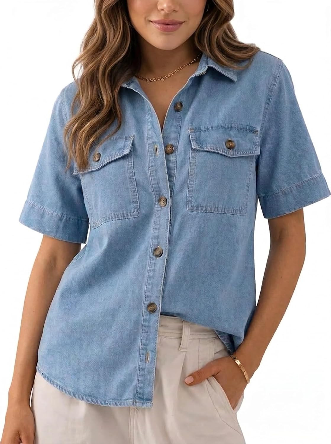 Women Denim Shirt Short Sleeve Button Down Jean Top with Pockets | Amazon (US)