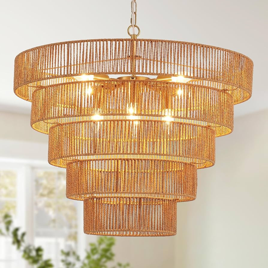 25.6" Large Boho Rattan Chandelier 8-Light Farmhouse Hand-Woven Drum Light Fixture, Vintage Rusti... | Amazon (US)
