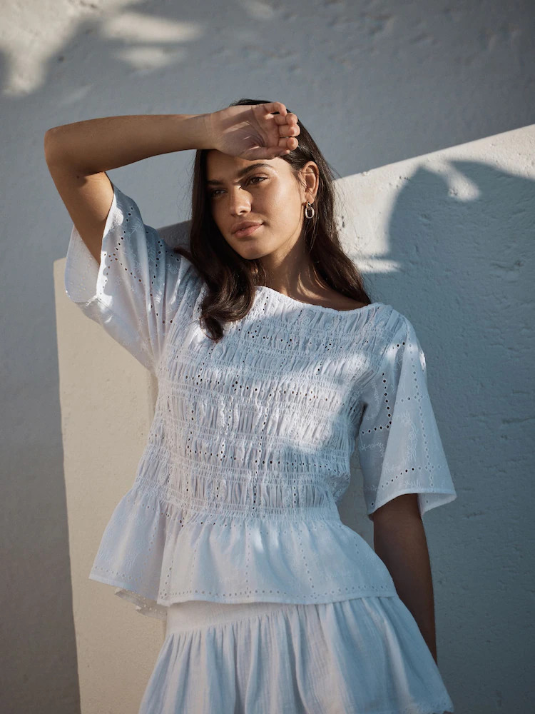 White Broderie Smocked Slash Neck Short Sleeve Top | Next US
