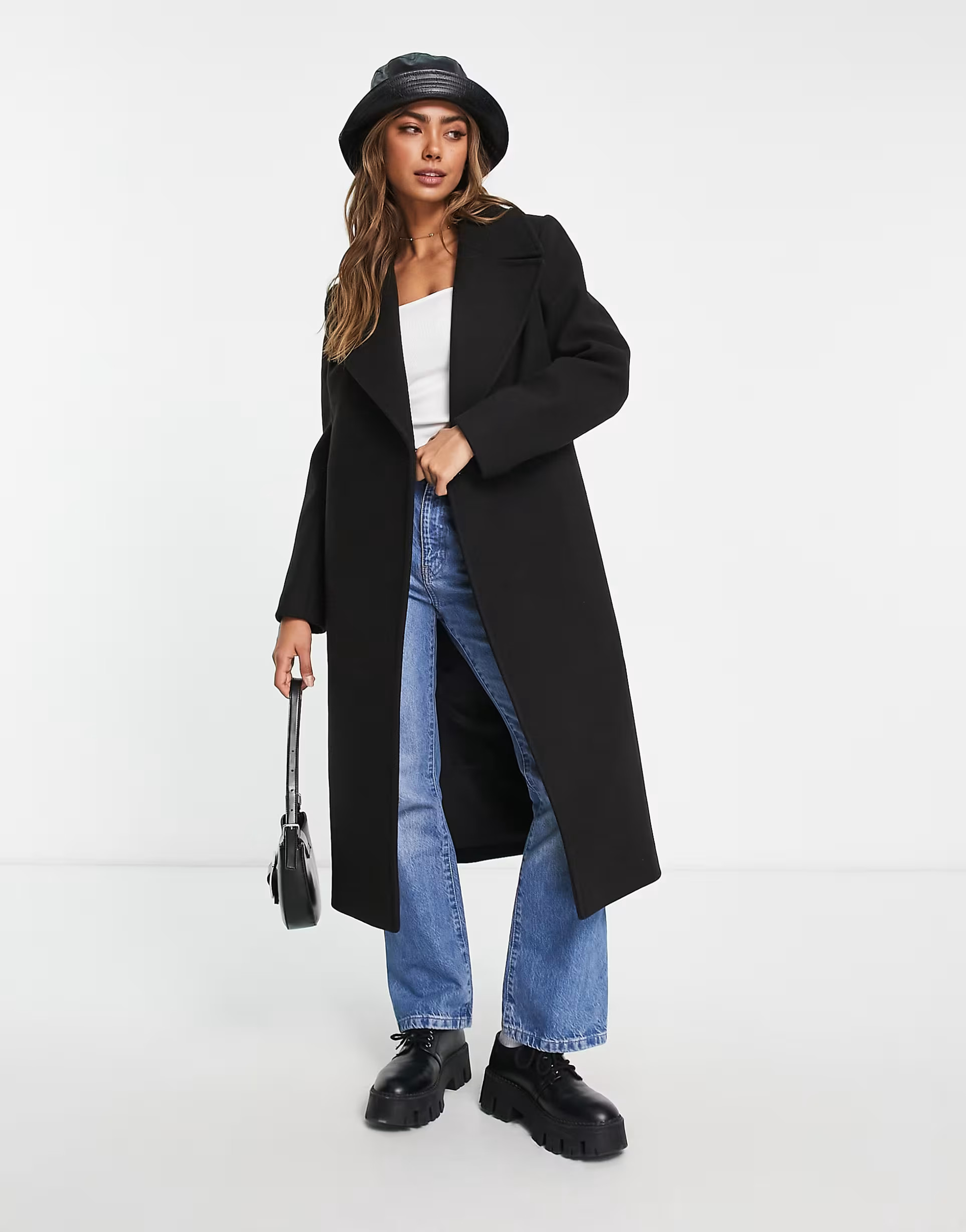 Ever New formal wrap coat with tie belt in black | ASOS (Global)