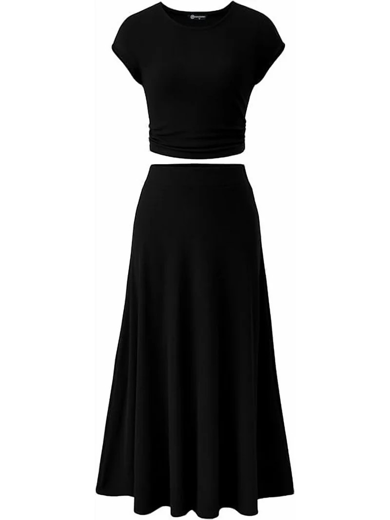 PRETTYGARDEN Women's 2 Piece Summer Outfits Dressy Casual Knit Short Sleeve Crop Top High Waist M... | Walmart (US)