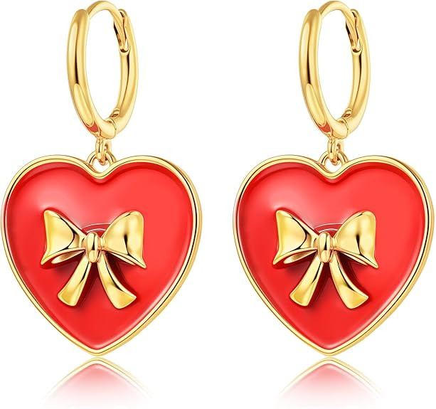 Red Enamel Heart Huggie Earrings for Women, Silver Bow Sweetheart Dangle Earrings, Hypoallergenic... | Amazon (US)