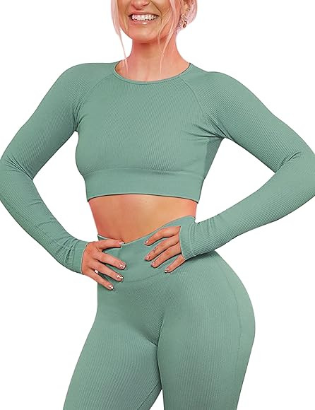 VALANDY Women's Workout Set 2 Piece Gym Seamless Leggings Ribbed Crop Top Active Wear Outfits | Amazon (CA)