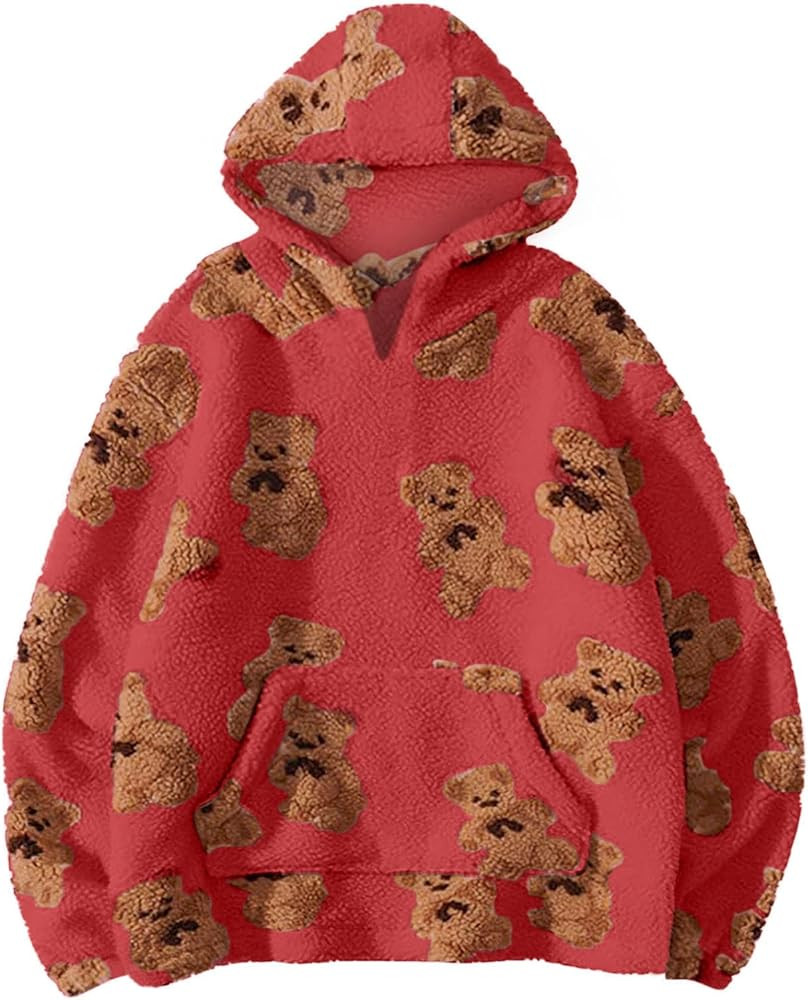 Cute Teddy Bear Graphic Hoodie for Women Long Sleeve Soft Warm Sherpa Fleece Homewear Sweatshirt ... | Amazon (US)
