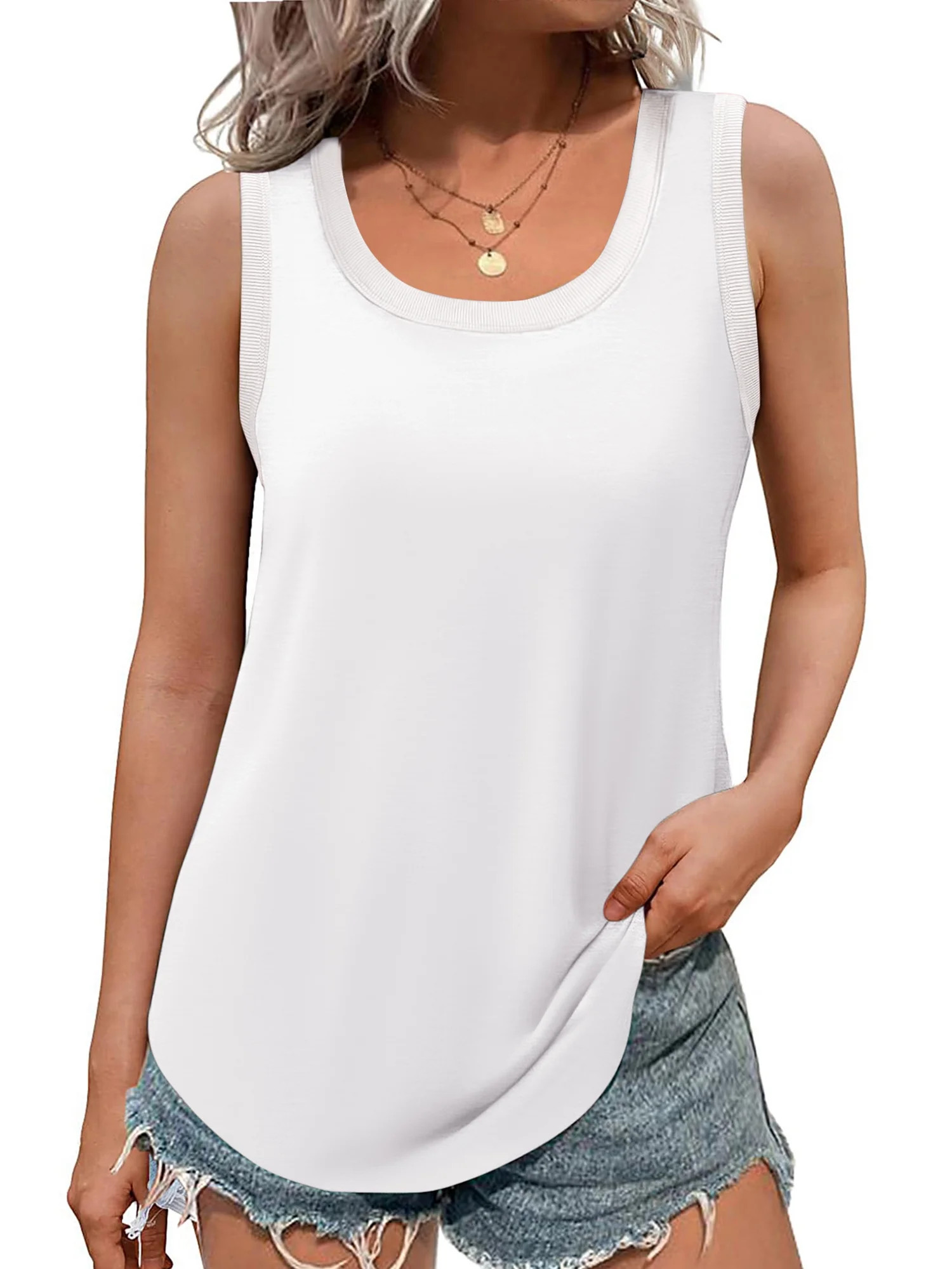 MOSHU Ribbed Trim Tank Tops for Women Flowy Round Neck Women Shirts Loose Fit Sleeveless Summer T... | Walmart (US)