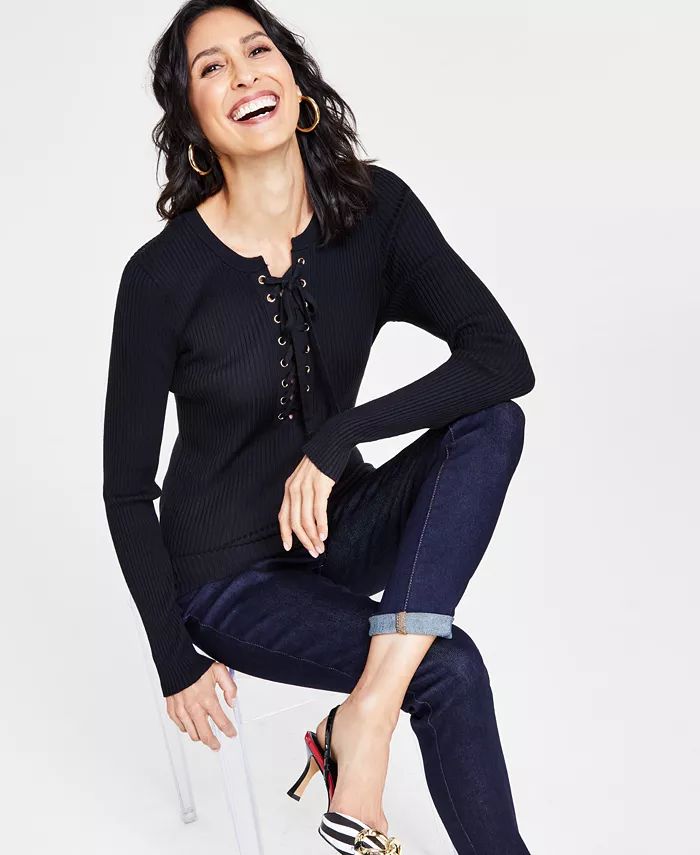Women's Lace-Up Ribbed Sweater, Created for Macy's | Macy's