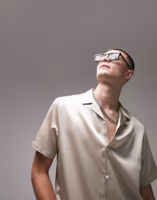 Topman plain satin revere shirt in cream | ASOS (Global)