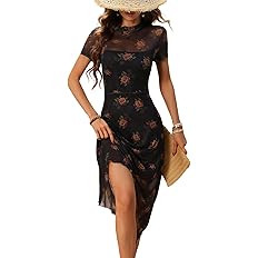 GothDark Women's 2025 Summer Floral Print Vintage Goth Dress Mesh Spliced Double-Layered Irregula... | Amazon (US)