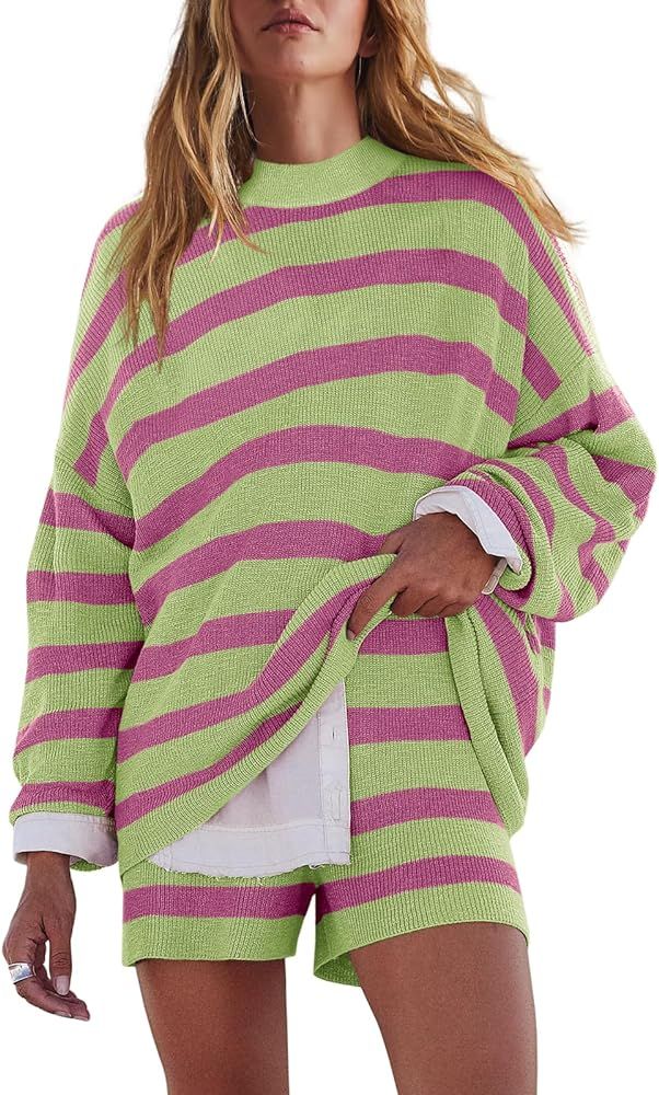 LAMISSCHE Womens Oversized Lounge Sets 2 Piece Outfits Striped Matching Pajama Set Long Sleeve Sw... | Amazon (US)