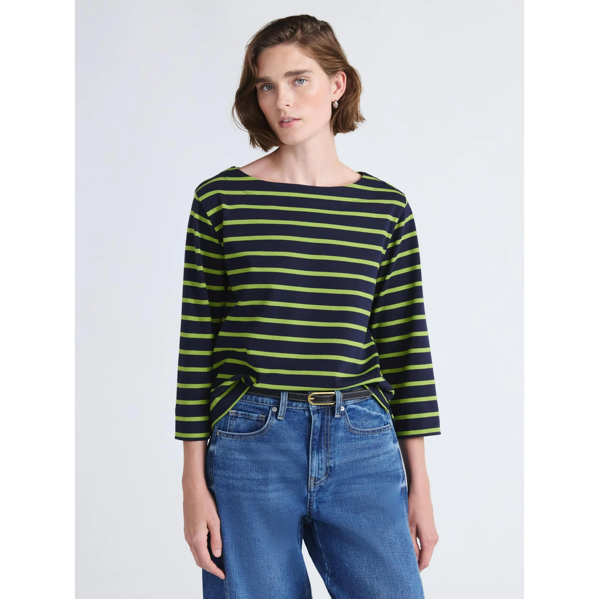 Free Assembly Women's and Women's Plus Striped Cotton Boatneck Tee with 3/4-Length Sleeves, Sizes... | Walmart (US)