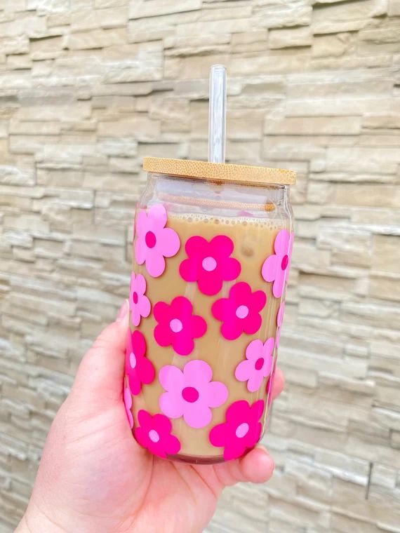 Pink Flower Daisy Libbey Glass | 16oz Cup | Gift Ideas | Tumblers & Cups | Bridal Party Gifts  | ... | Etsy (US)