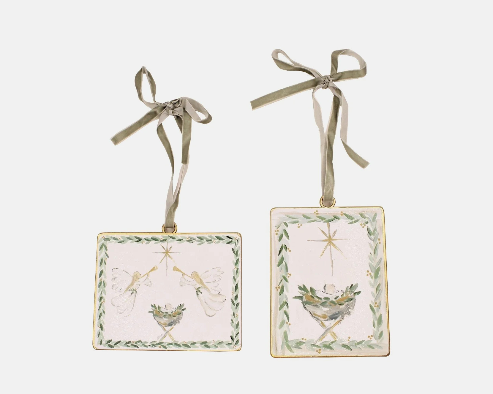 Manger Ornament in Green and glitter 4x6" Metal Disc | Persnickety