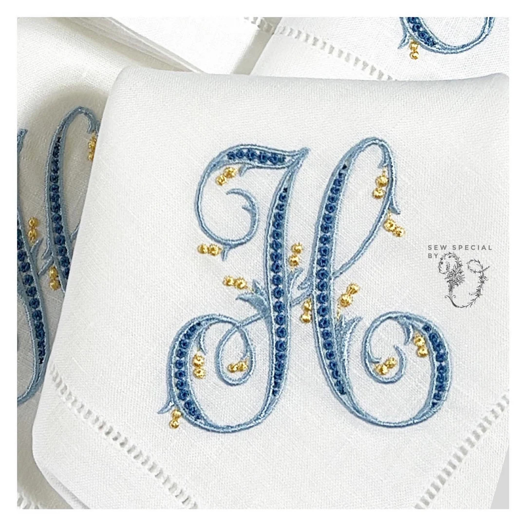 One Letter Monogram Embroidered Hemstiched Linen Diner Napkins - Etsy | Etsy (US)