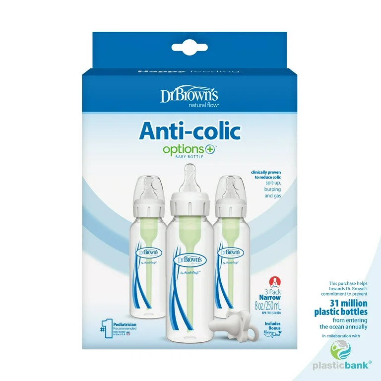 Dr. Brown's Natural Flow Anti-Colic Options+ Narrow Baby Bottle, 8oz/250ml, 3 Pack with HappyPaci | Walmart (US)