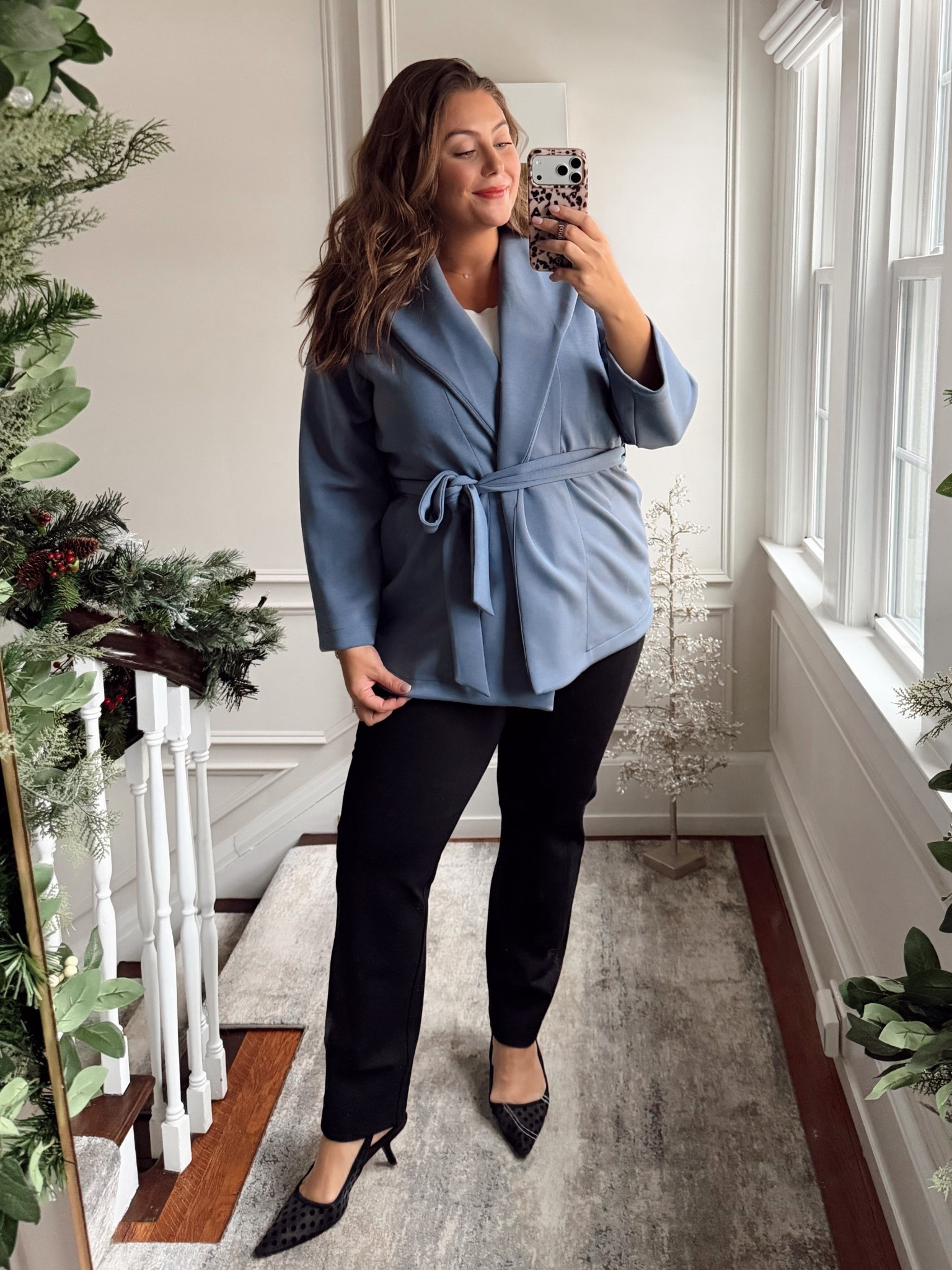 Cozy work outfit! Wearing size 1X in wrap top & tank, 2X in pants (sized up for bump, would normally wear 1X). Use CARALYN15 at Spanx. 

#LTKWorkwear #LTKSeasonal #LTKMidsize