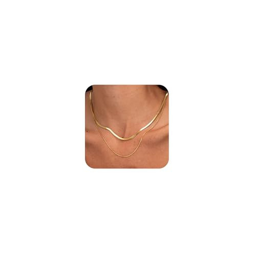 Treasure Bender Herringbone Gold Necklace for Women Non Tarnish 14k Gold Plated Layered Necklaces Simple Dainty Gold Chain Trendy Cute Thin Choker Snake Necklace Gold Jewelry for Women Gift | Amazon (US)