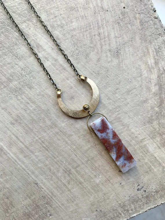 beautiful natural stone pendant, agate slab pendant, long boho necklace, antiqued gold boho jewel... | Etsy (US)