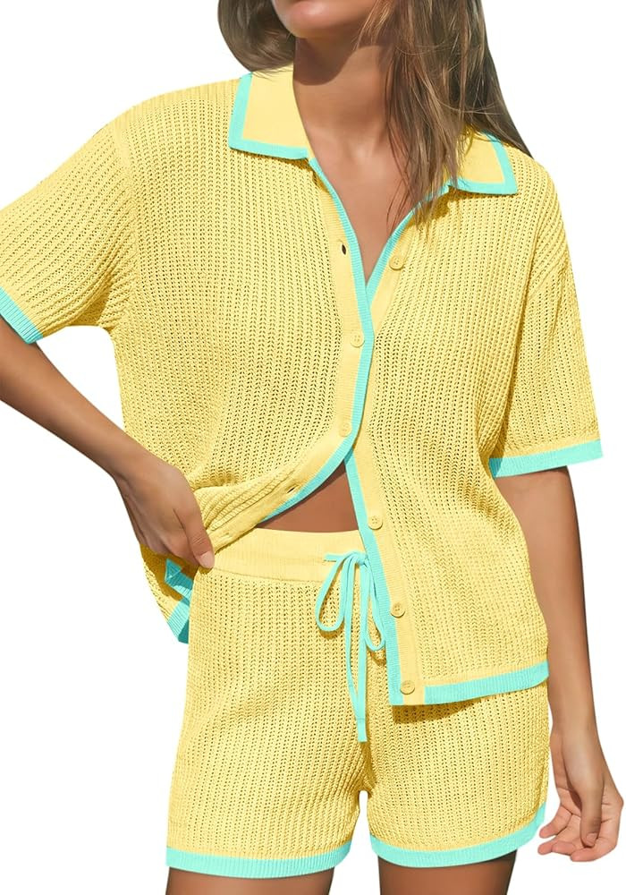 Cicy Bell Womens 2 Piece Short Sets Summer Short Sleeve Collared Tops Beach Vacation Cover Up Cro... | Amazon (US)