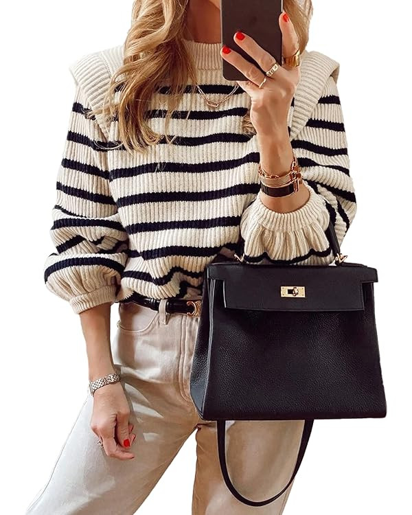 PRETTYGARDEN Women's Sweaters Casual Long Lantern Sleeve Crewneck Ribbed Knit Pullover Striped Ju... | Amazon (US)