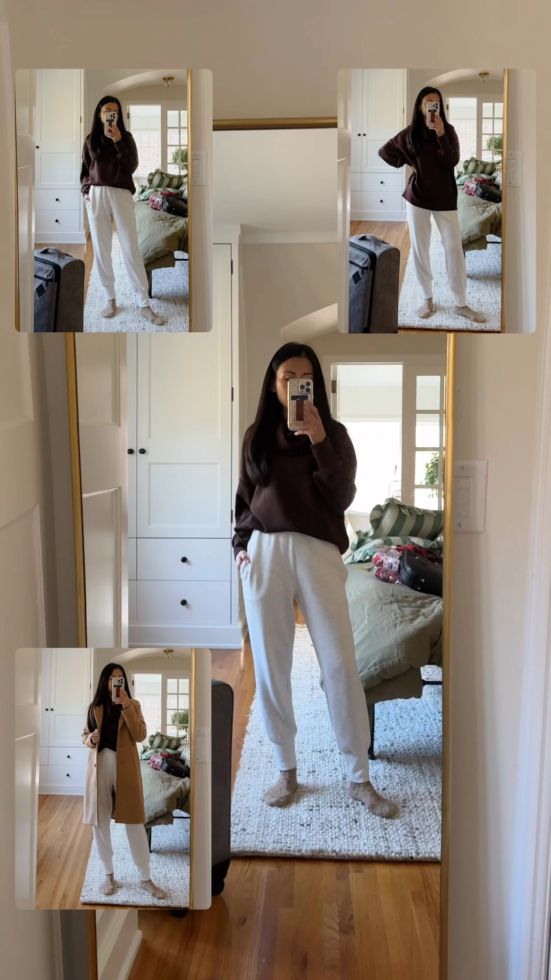 Wearing Varley top and bottom to the airport. Can’t imagine anything more comfortable than this! Large pockets, super duper soft and very flattering on. I’m wearing XXS. I hardly wear sweatpants outside the house but these are an exception! Throw on a peacoat, and it’s a casual chic look 👌| airport outfit, casual wear | 