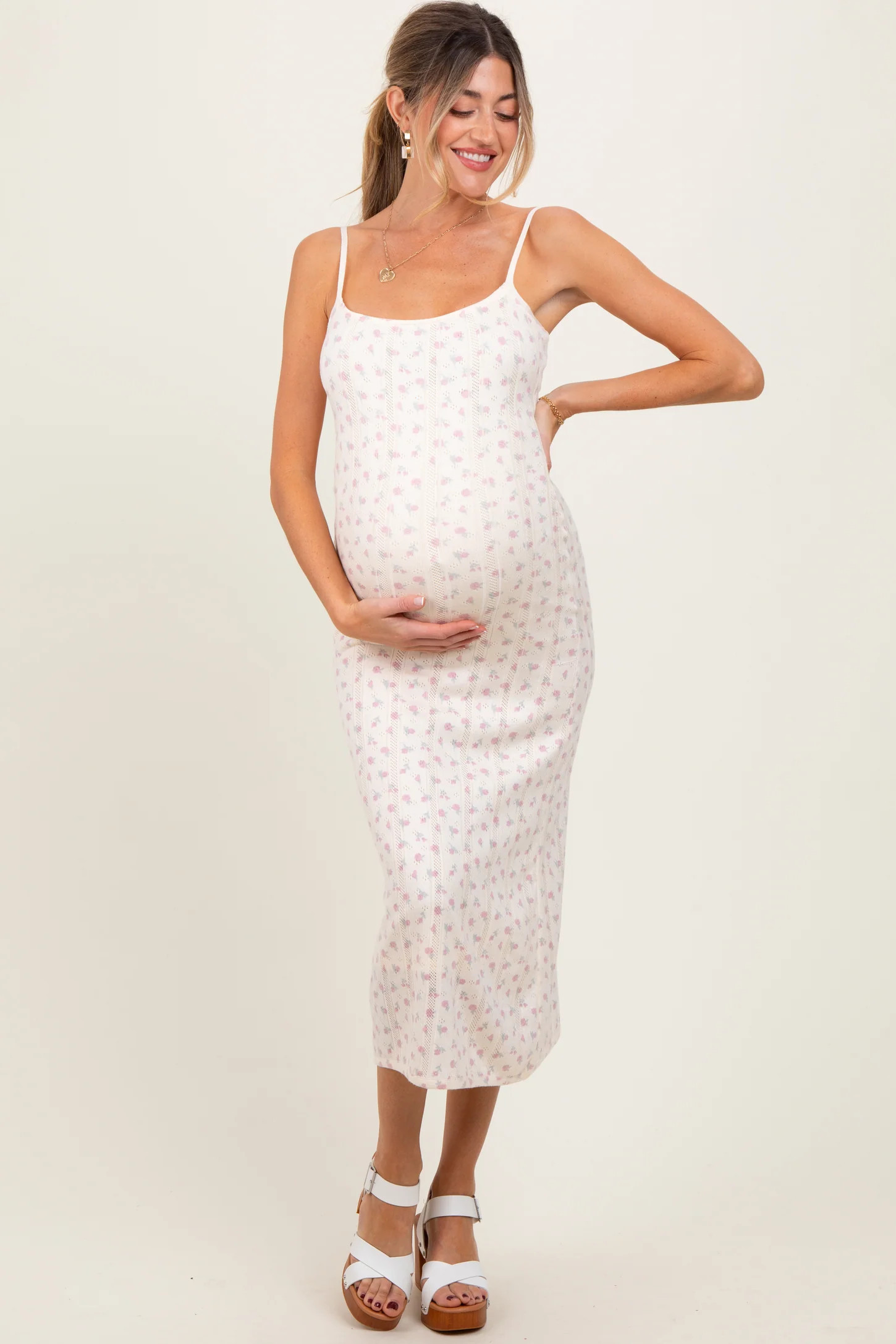 Ivory Floral Pointelle Knit Maternity Midi Dress | PinkBlush Maternity