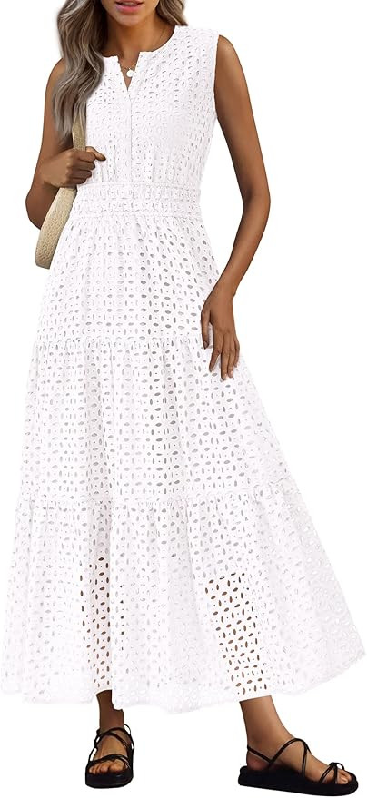 PRETTYGARDEN Womens 2026 Summer Maxi Dresses Sleeveless Sundresses V Neck Eyelet A Line Long Flow... | Amazon (US)