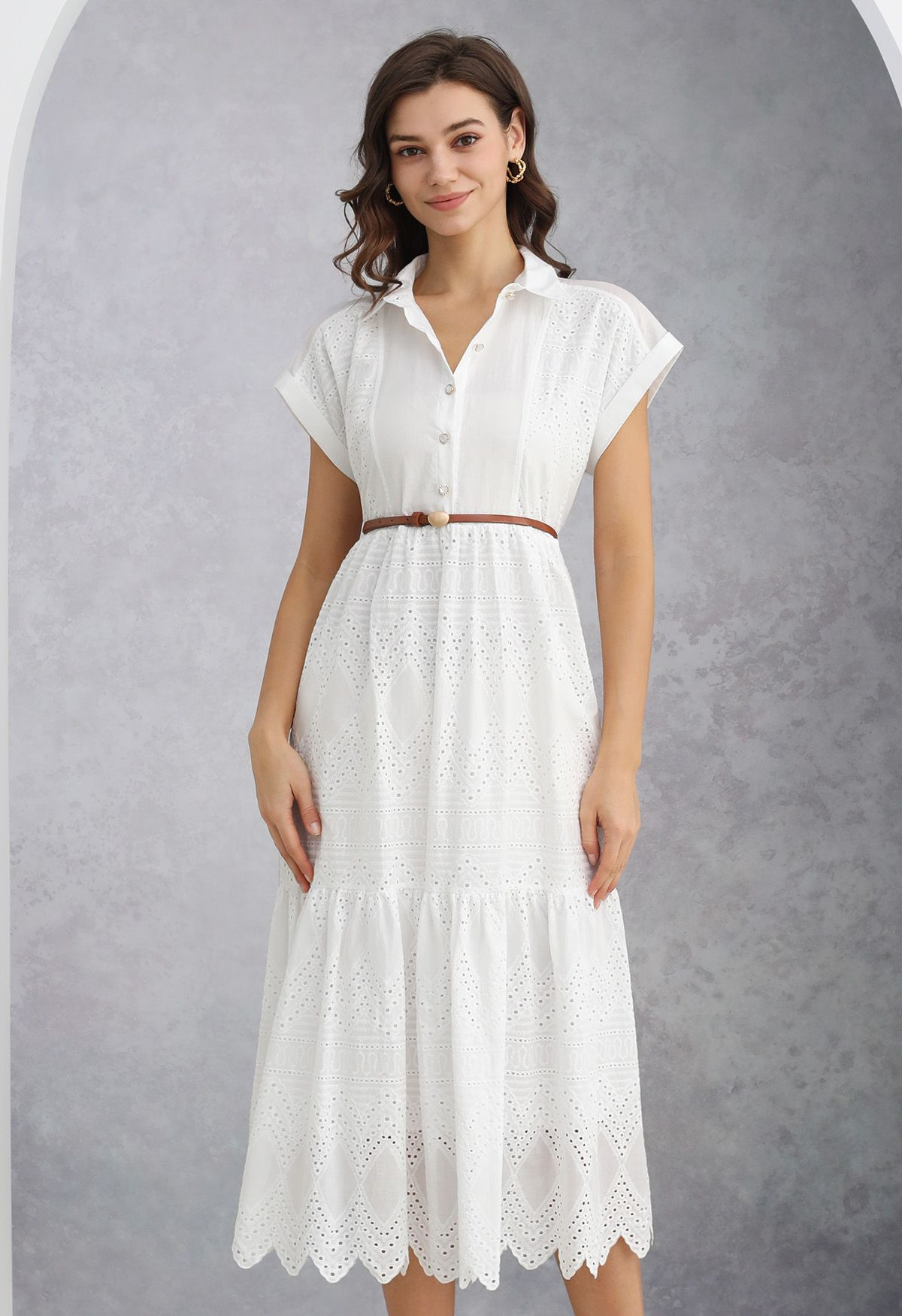 Collared Eyelet Embroidery Buttoned Midi Dress in White | Chicwish
