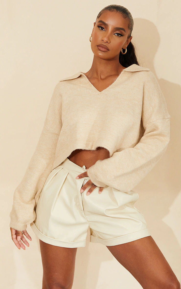 Cream Faux Leather Pleat Detail Shorts | PrettyLittleThing US