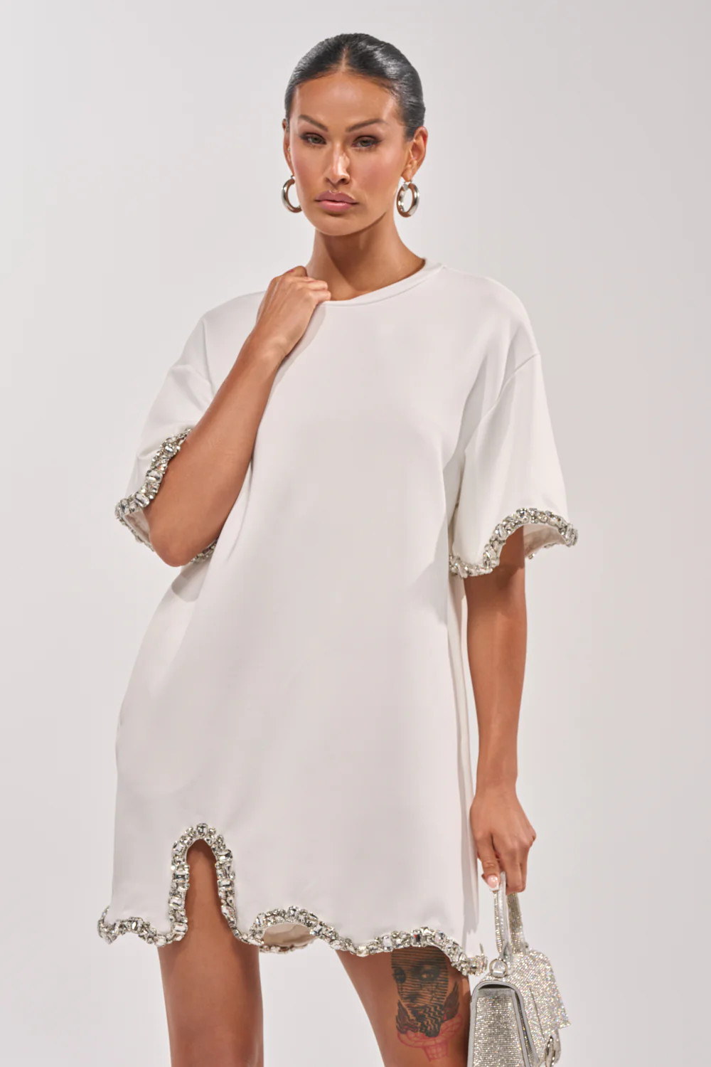 COOL GIRL EMBELLISHED TEE SHIRT DRESS IN WHITE | AKIRA