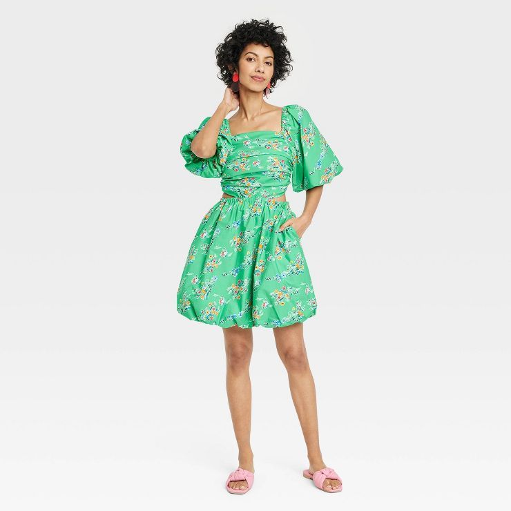 Women's Puff Short Sleeve Cut Out Bubble A-Line Dress - A New Day™ Green Floral | Target