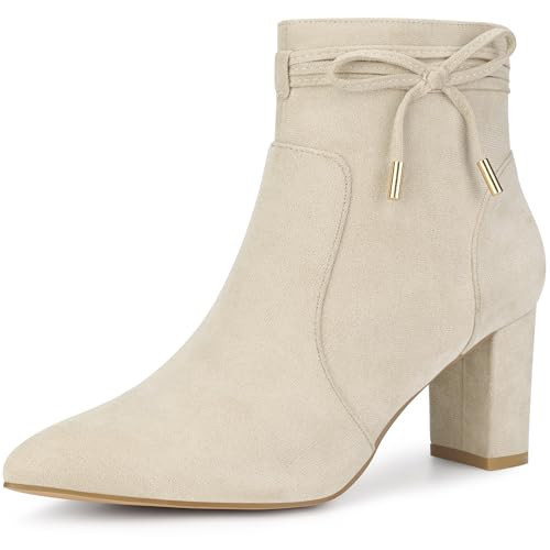 Perphy Bow Tie Booties Pointed Toe Block Heel Beige Ankle Boots for Women 5.5 M US | Amazon (US)
