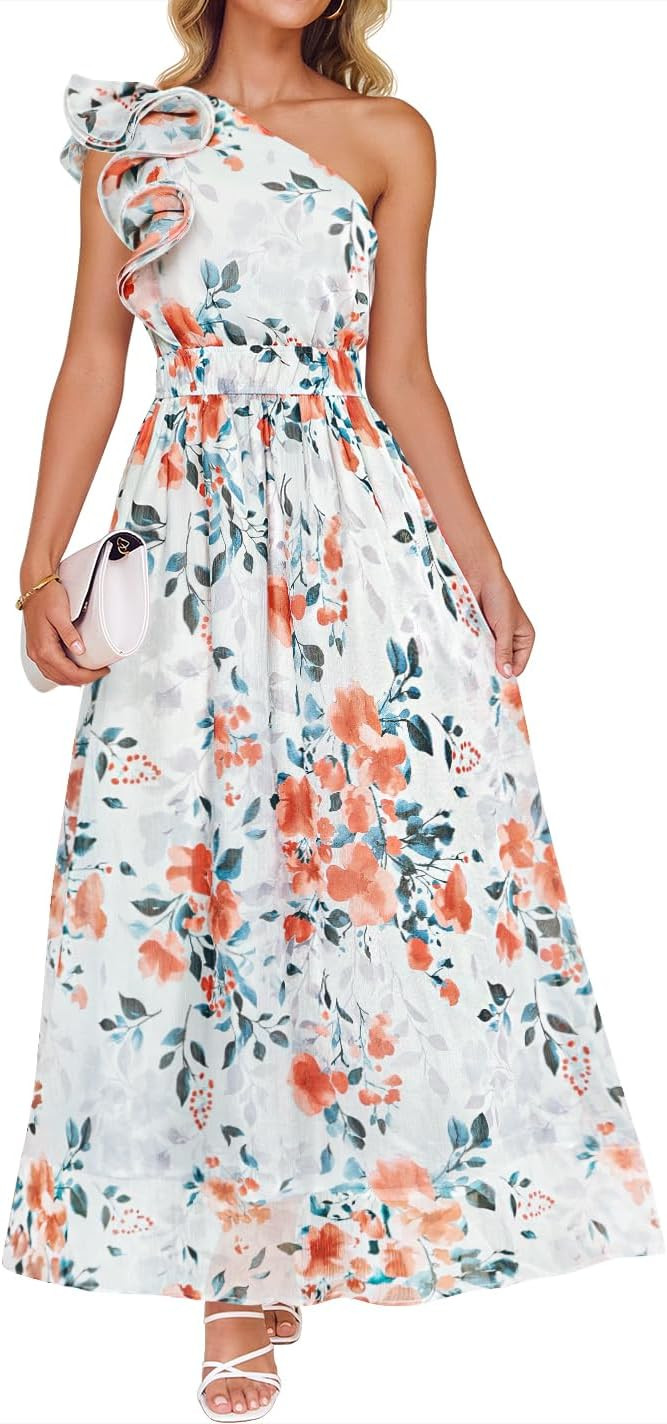 ZESICA Women's 2026 Summer Floral Sleeveless Maxi Dress Ruffle One Shoulder High Waist Boho Beach... | Amazon (US)