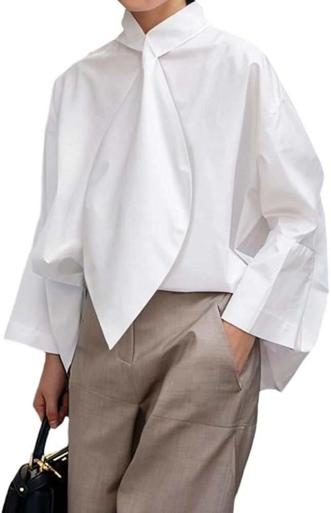 UOOZEE Women's Long Sleeve Tie Neck Button Down Shirts Cotton Dressy Elegant Office Work Blouse T... | Amazon (US)