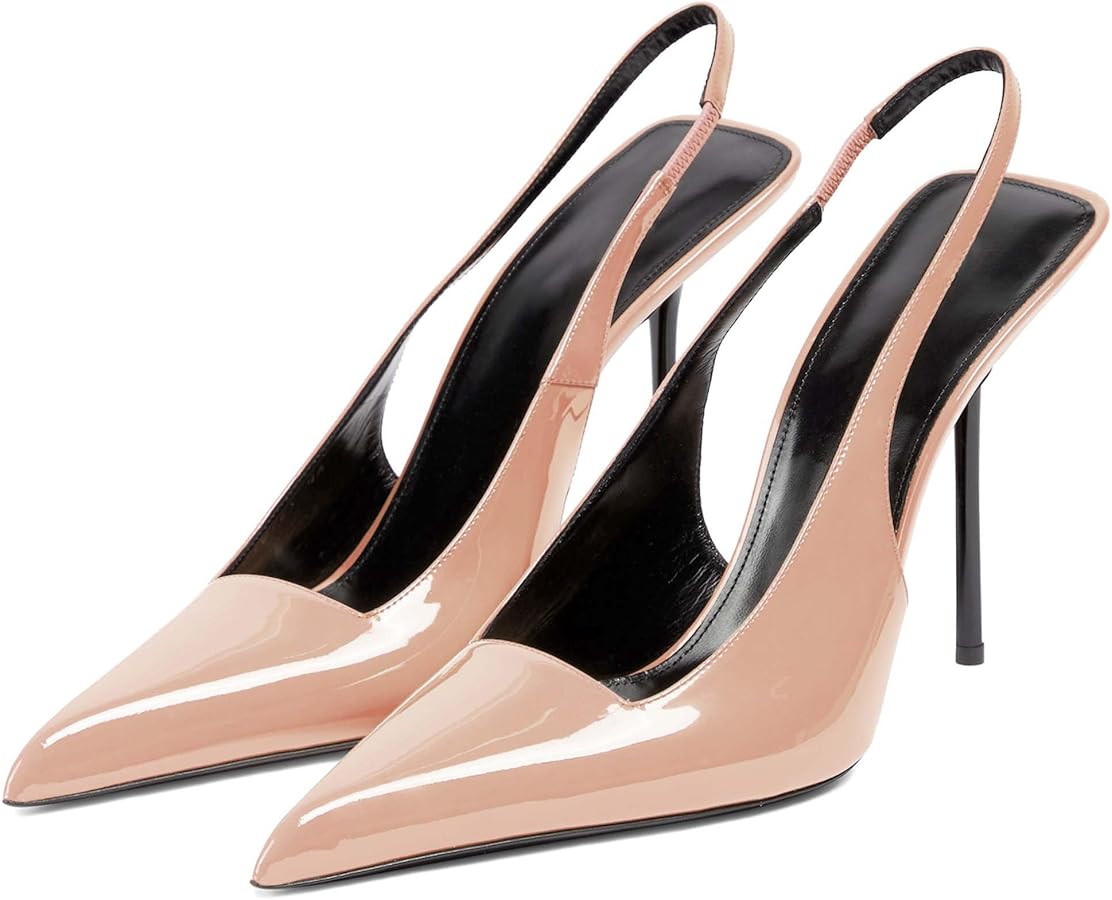 Slingback Stiletto Heels for Women Pointed Toe Slip On Patent Leather Pumps Backless Stretch Stra... | Amazon (US)
