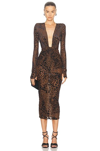 Alex Perry Leopard Burnout Plunging Mesh Midi Dress in Tobacco | FWRD | FWRD 