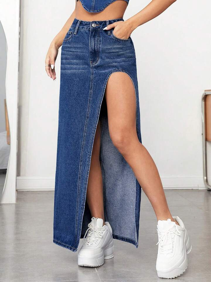 SHEIN ICON High Waist Split Thigh Denim Skirt | SHEIN