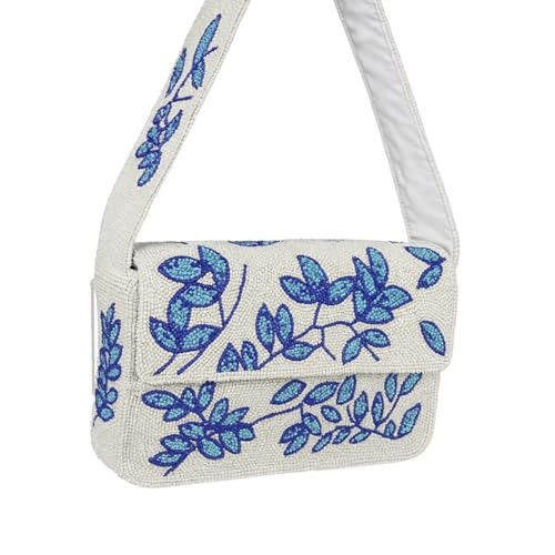 Beaded Shoulder bag with Blue Floral Pattern, Glass Beads, Small Rectangular Bag, Retro Evening Bag, White and Blue | Amazon (US)