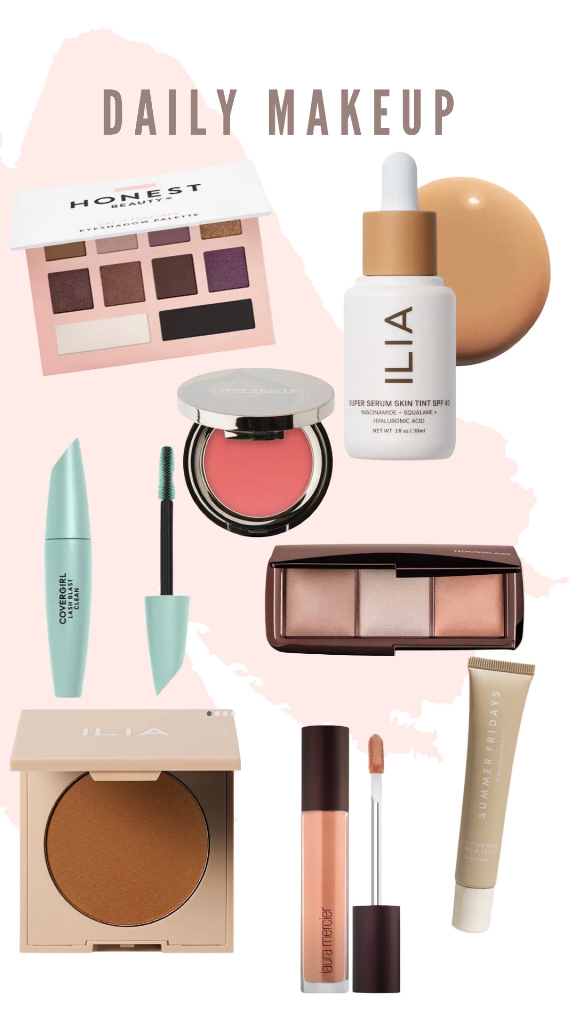 Ilia skin tint - Porto Ferro
Concealer - 1W
Ilia bronzer- Medium Dark Tan
Juice blush - Peony
