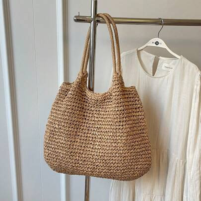 1 Stück Große Kapazität Strandtasche im Sommerstil, Damen Stroh Shopper, Legere gewebte Schultertasche, geeignet für Reisen, Strand, Picknick, Geschen | SHEIN