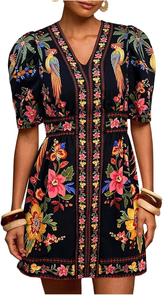 Floerns Women's Summer Tropical Mini Dress Puff Sleeve V Neck Vacation Outfit A Line Dresses | Amazon (US)