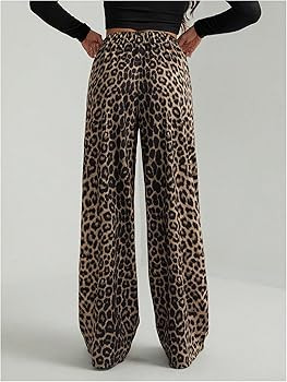 Women's Leopard Print Wide Leg Pants Patched Elastic Waist Casual Loose Trousers | Amazon (US)