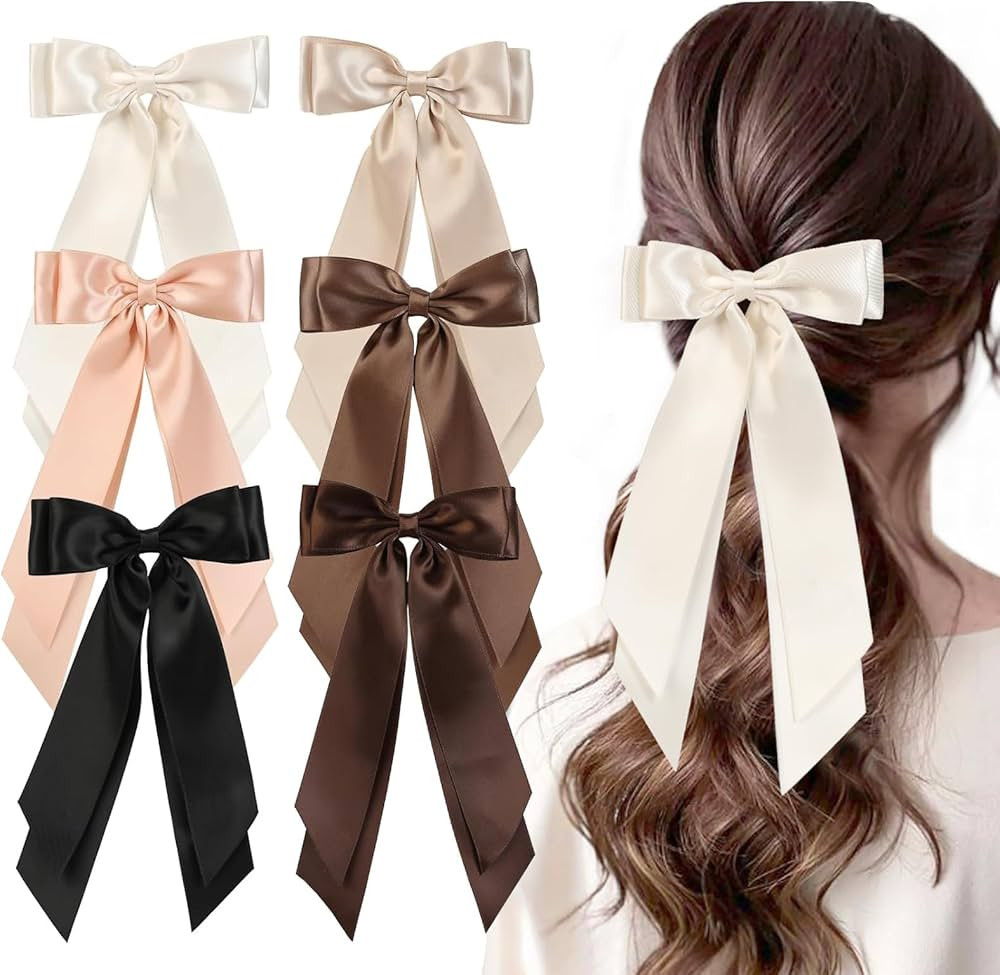 6PCS Silky Satin Hair Bows, Bow Hair Clips with Long Tail, Hair Ribbon Ponytail Holder Accessorie... | Amazon (US)