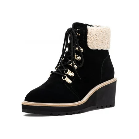 Cecelia New York Geraldine Black Suede Lace Up Sheep Fur Ankle Welt Detail Boots (Black Suede 9.5) | Walmart (US)