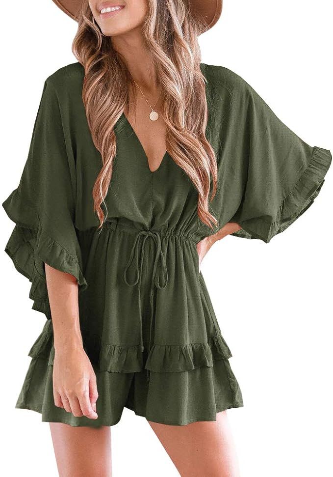 Valphsio Womens V Neck Beach Romper Ruffle Layered Drawstring Waisted Shorts Jumpsuit | Amazon (US)