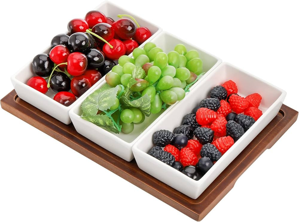 Elsjoy Set of 3 Ceramic Serving Bowls with Wooden Tray, Snack Serving Tray Divided Serving Platte... | Amazon (US)