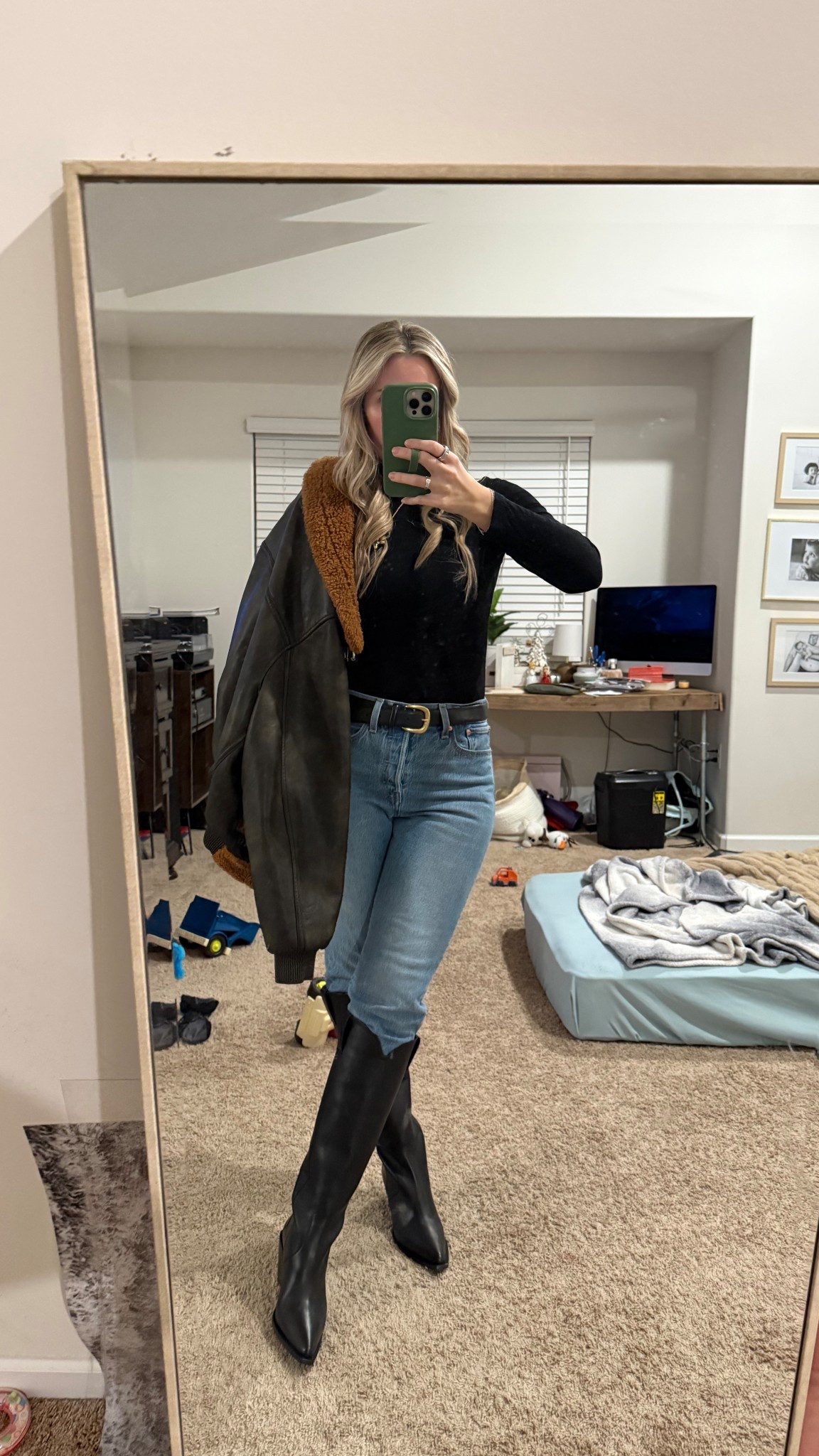 Go to date night outfit 
Amazon bodysuit 
Levi’s jeans 
Revolve jacket-sold out but linked very similar 
Anine bing boots 
I took my usual size in all! 